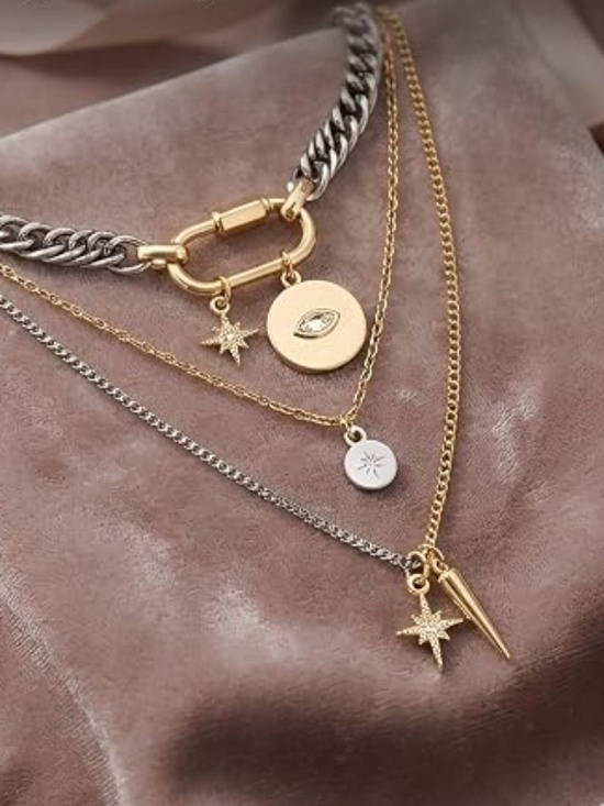 Jewelry - Sterling Silver 3 Pcs Layered Necklaces, Mixed Metal Y2K Trendy Jewelry NWT